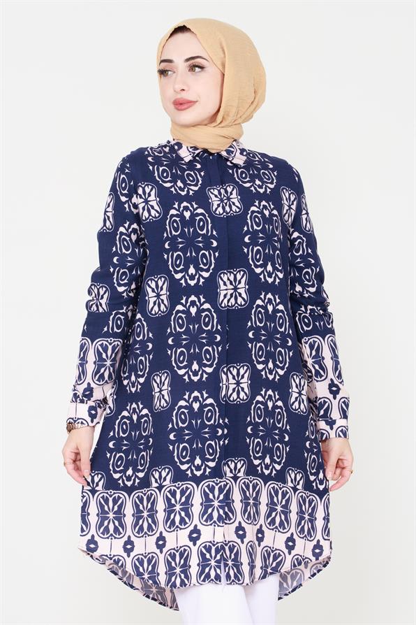 kat Patterned Viscose Tunic - Navy Blue