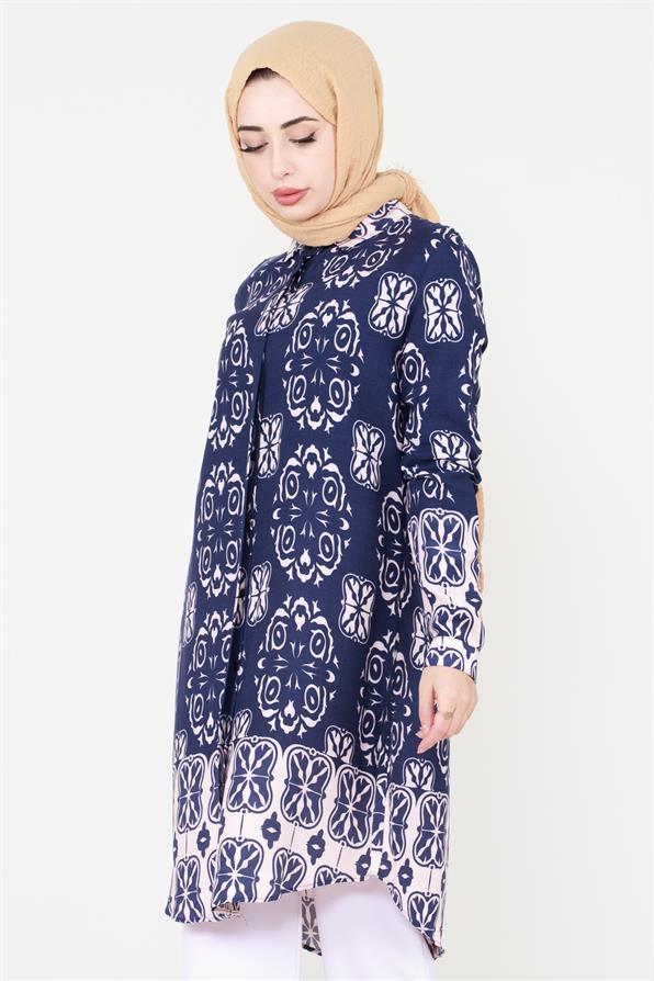kat Patterned Viscose Tunic - Navy Blue