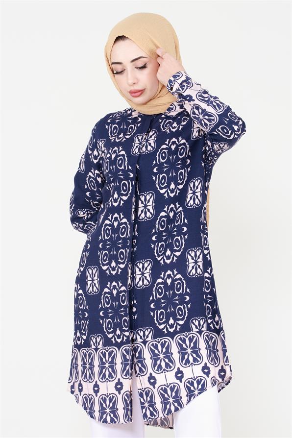 kat Patterned Viscose Tunic - Navy Blue