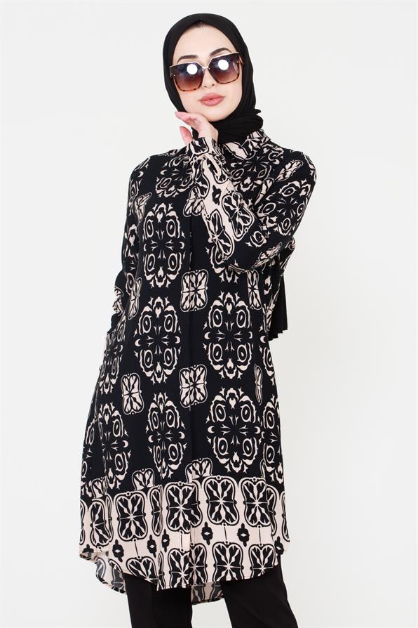 Ikat Patterned Viscose Tunic - Black