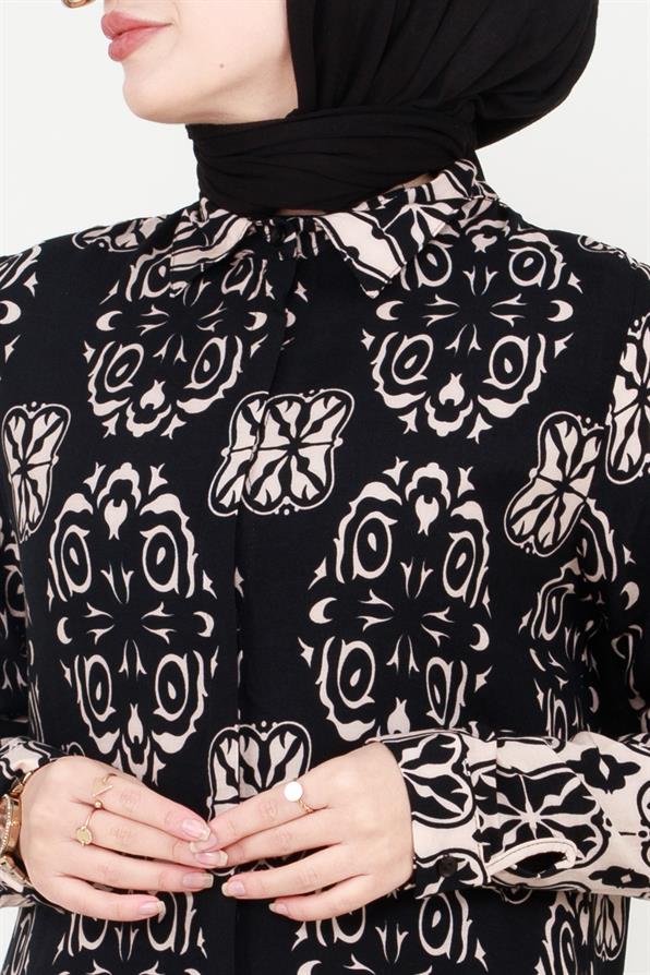 Ikat Patterned Viscose Tunic - Black