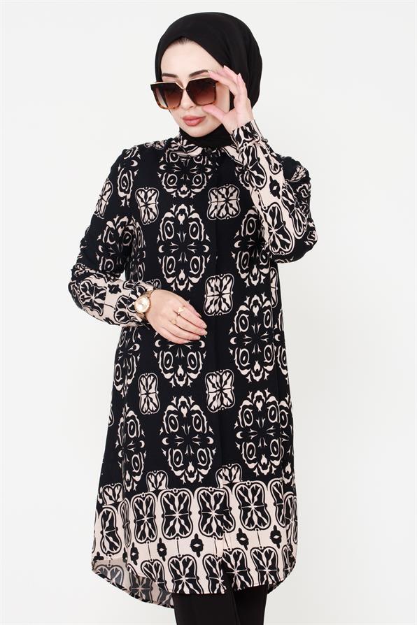 Ikat Patterned Viscose Tunic - Black
