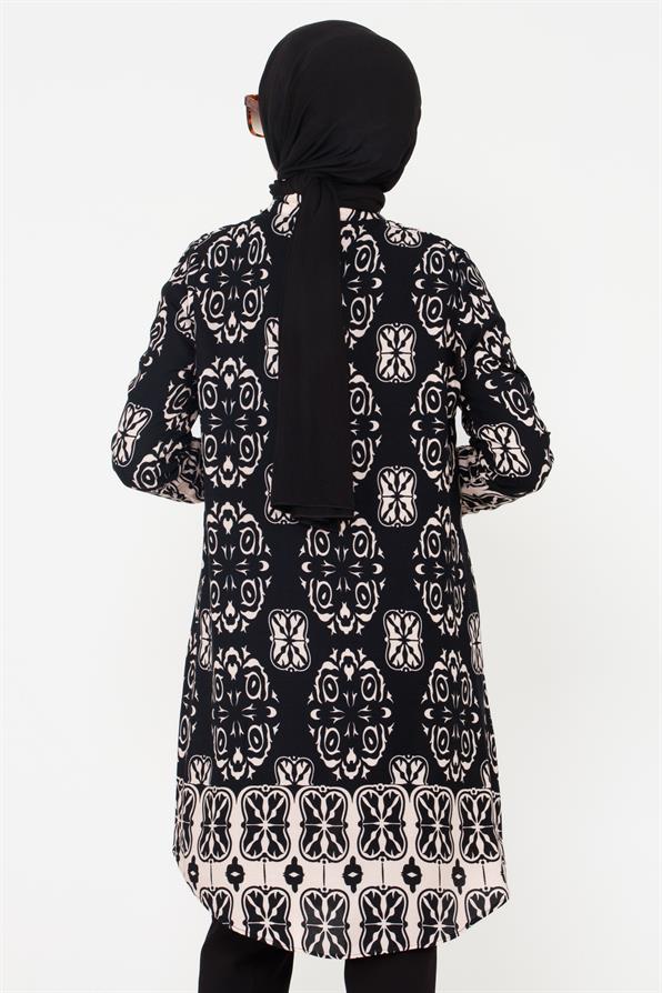 Ikat Patterned Viscose Tunic - Black