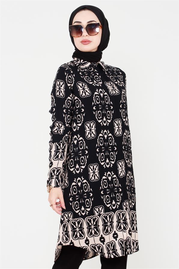 Ikat Patterned Viscose Tunic - Black
