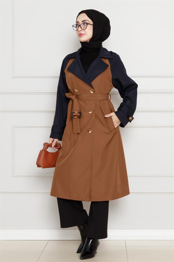 معطف بلونين واق من المطر - مع حزام  - بني فاتح اللون