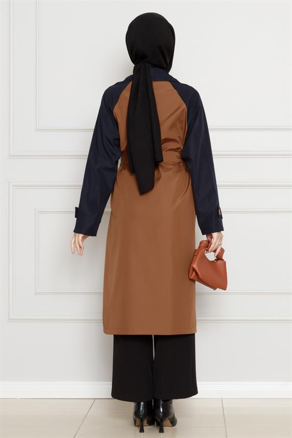 معطف بلونين واق من المطر - مع حزام  - بني فاتح اللون
