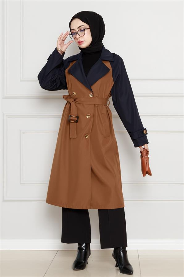 معطف بلونين واق من المطر - مع حزام  - بني فاتح اللون
