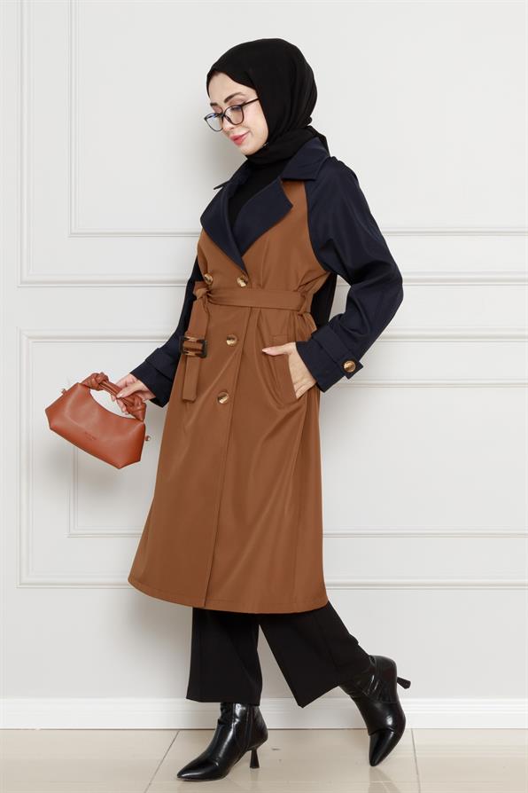 معطف بلونين واق من المطر - مع حزام  - بني فاتح اللون