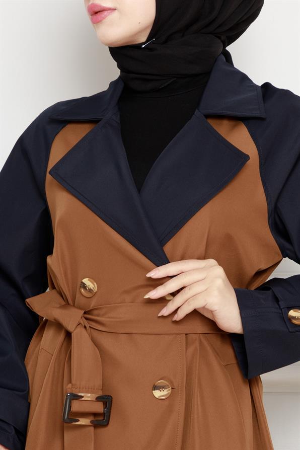 معطف بلونين واق من المطر - مع حزام  - بني فاتح اللون
