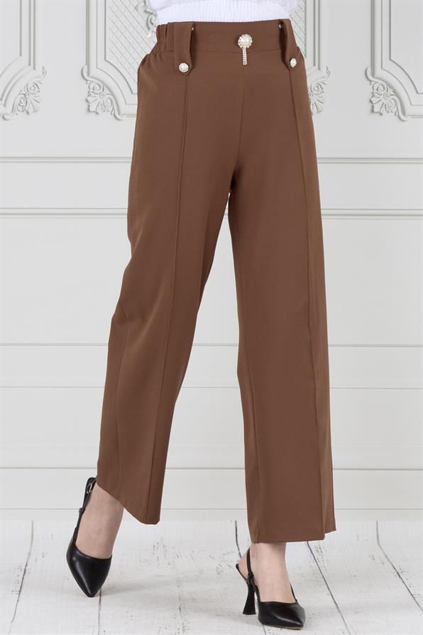 بنطلون واسع الساق مزين باللؤلؤ - بني