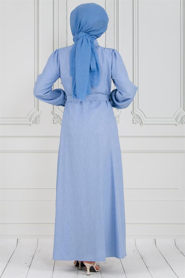 Pearl Beaded  andButtoned Linen Dress-Bleu color 