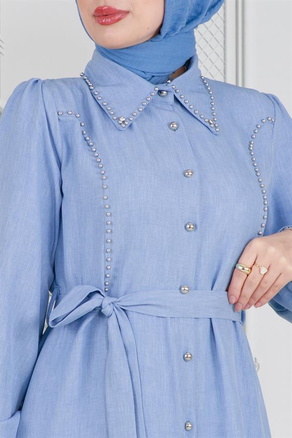 Pearl Beaded  andButtoned Linen Dress-Bleu color 