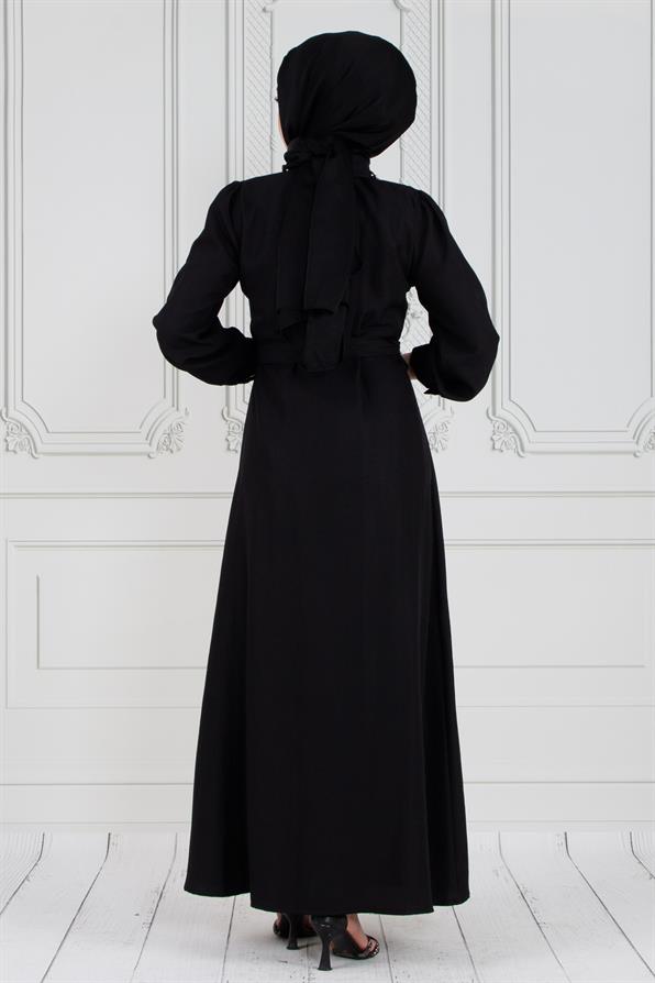 فستان كتان بأزرار- مطرز باللؤلؤ- أسود