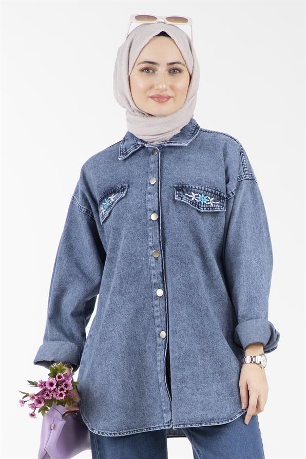 Embroidery Detailed Denim Shirt-Blue