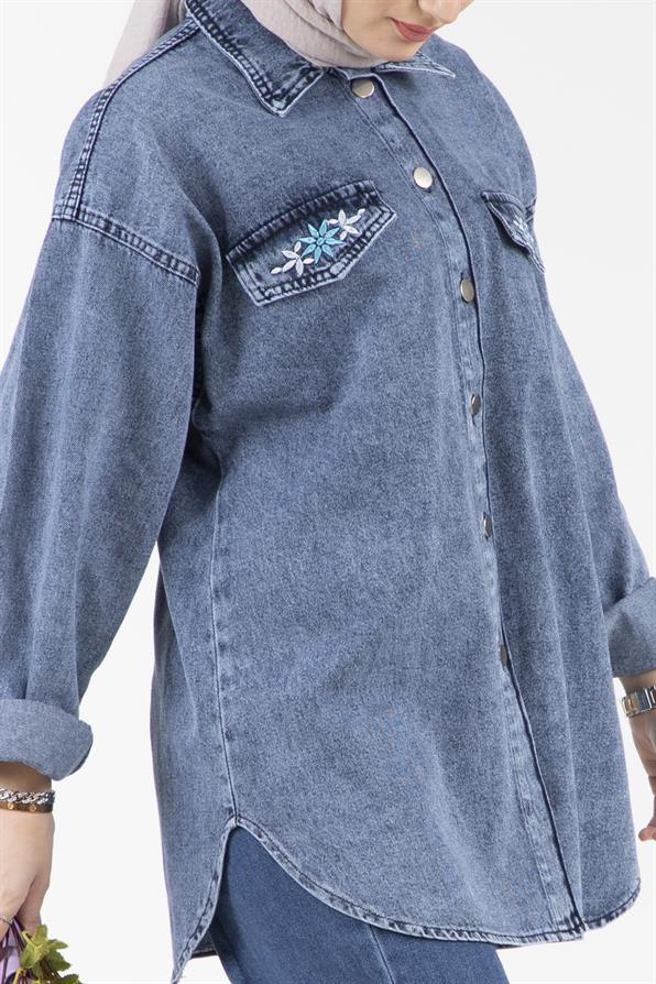 Embroidery Detailed Denim Shirt-Blue