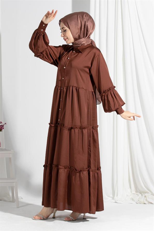 Isabella Satin Dress-Brown