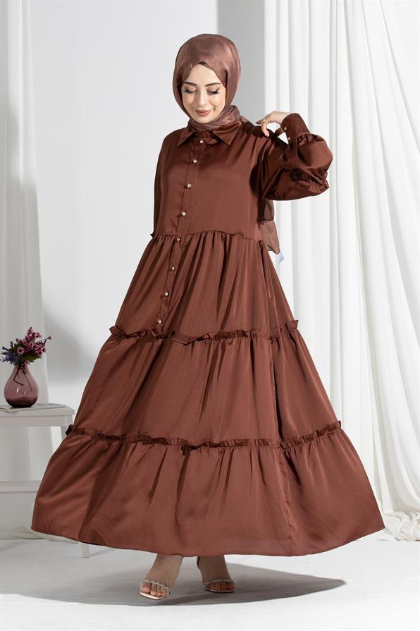 Isabella Satin Dress-Brown