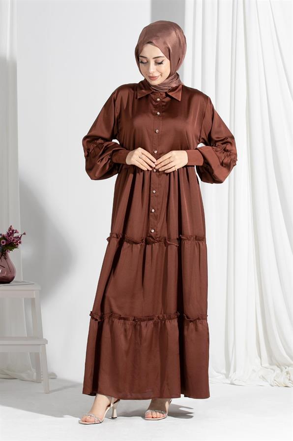 Isabella Satin Dress-Brown