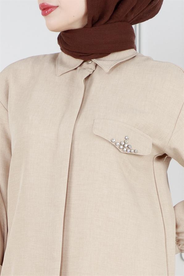 Kapağı Taş Detaylı Tunik-Bej