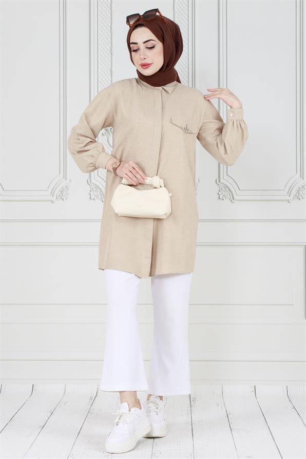 Kapağı Taş Detaylı Tunik-Bej