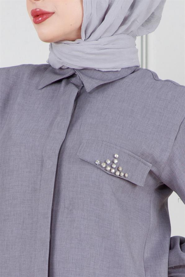 Kapağı Taş Detaylı Tunik-Gri
