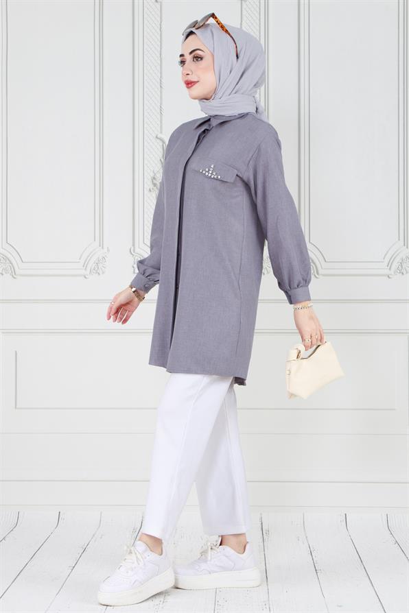 Kapağı Taş Detaylı Tunik-Gri