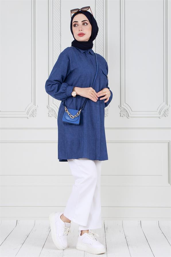 Tunic with stone details on the pocket - Bleu Color 
