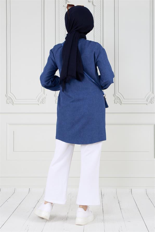 Tunic with stone details on the pocket - Bleu Color 