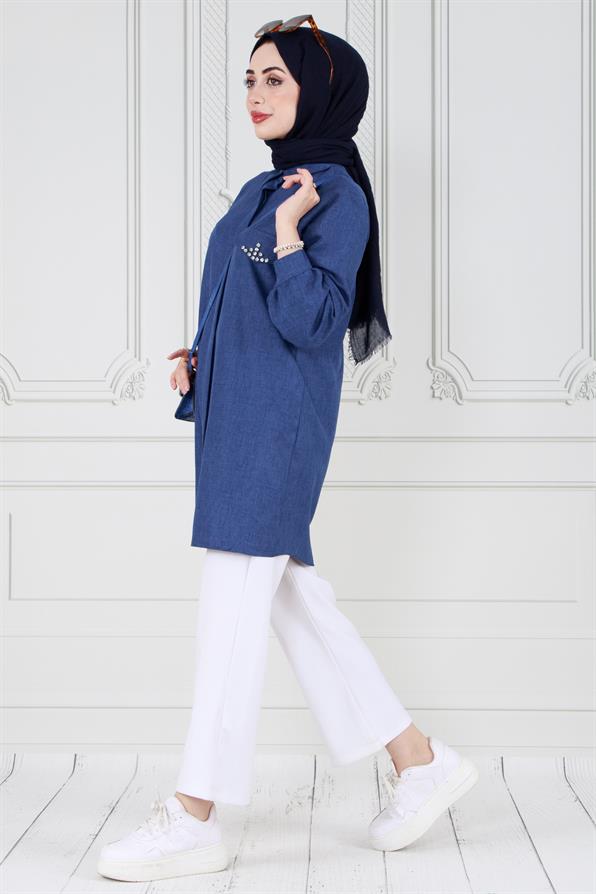 Tunic with stone details on the pocket - Bleu Color 