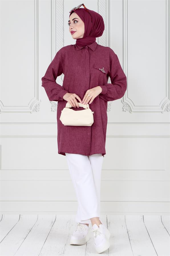 Tunic with stone details on the pocket - Plum Color 