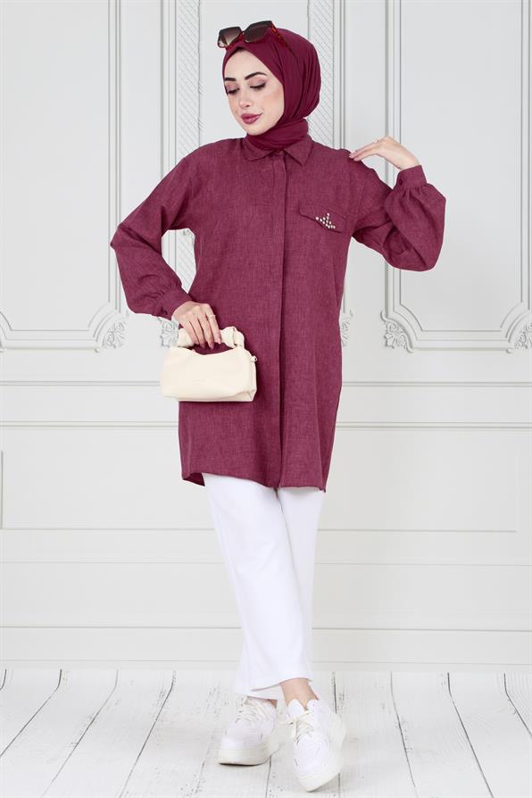 Tunic with stone details on the pocket - Plum Color 