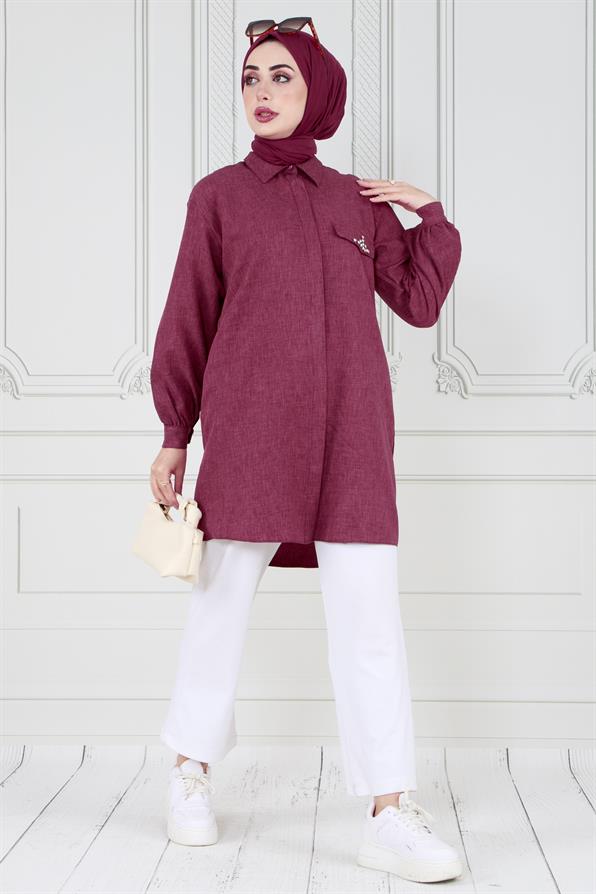 Tunic with stone details on the pocket - Plum Color 