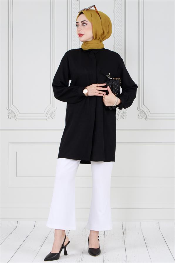 Kapağı Taş Detaylı Tunik-Siyah