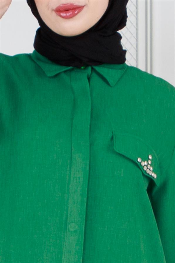 Kapağı Taş Detaylı Tunik-Yeşil