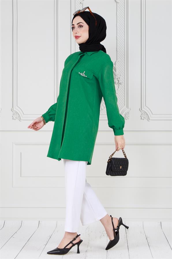 Kapağı Taş Detaylı Tunik-Yeşil