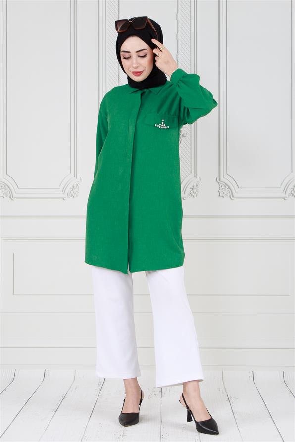 Kapağı Taş Detaylı Tunik-Yeşil