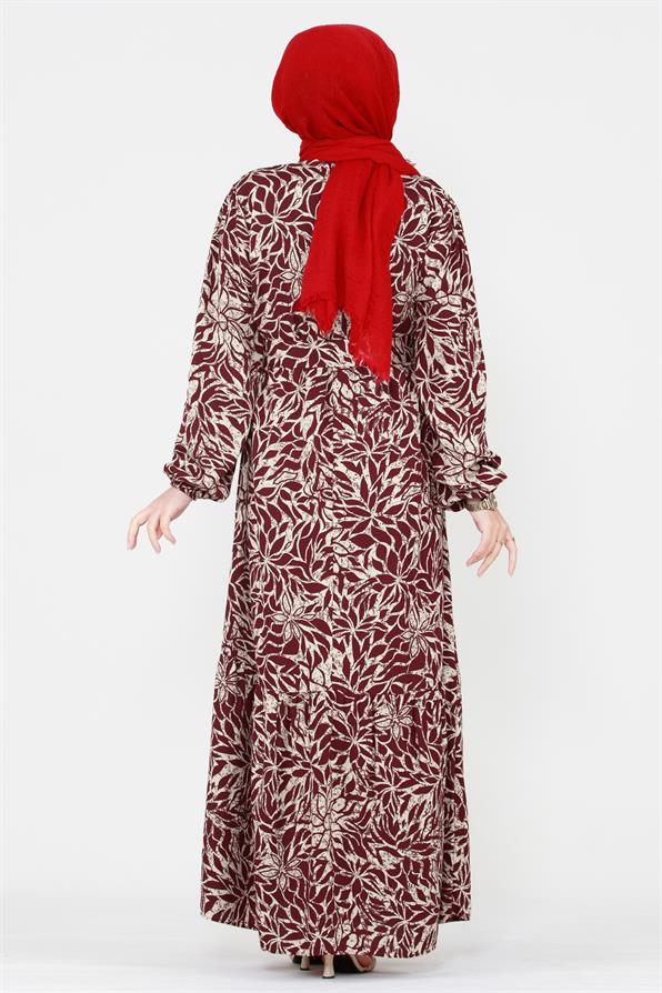 Plated Belted Asian Viscose Dress - Burgundy.