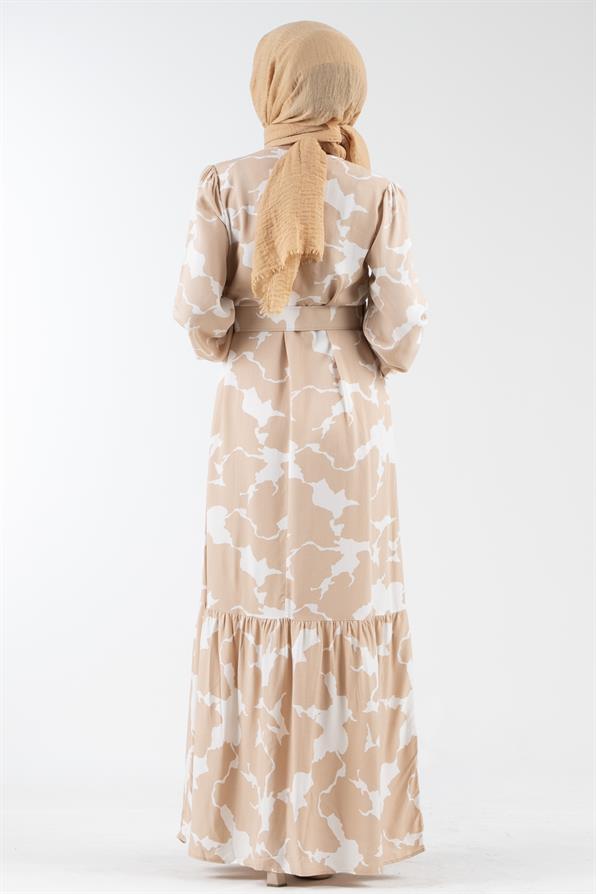 Coated Belted Spotted Viscose Dress - Beige.