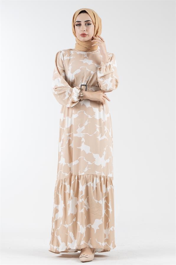 Coated Belted Spotted Viscose Dress - Beige.