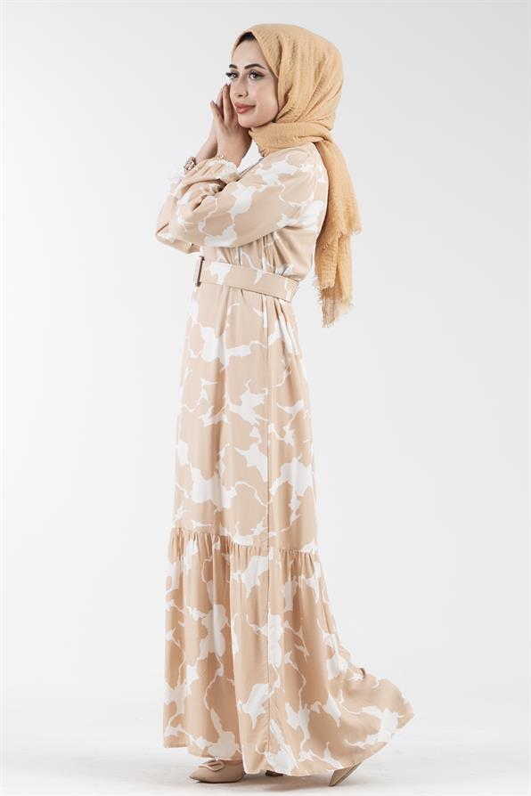 Coated Belted Spotted Viscose Dress - Beige.