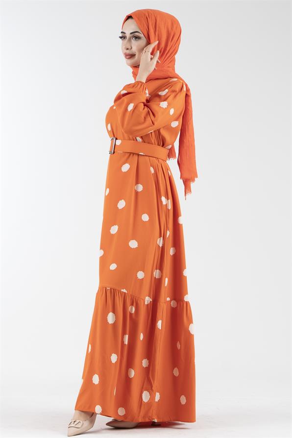 Kaplama Kemerli Puantiyeli Viscon Elbise-Turuncu