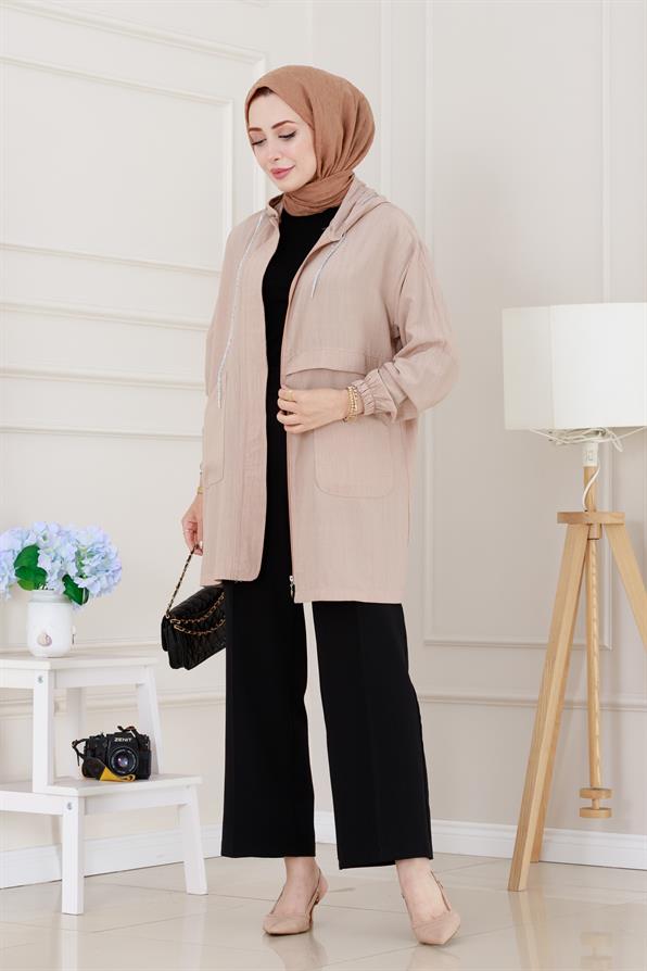 Kapüşonlu Fermuarlı zeze kap-Bej