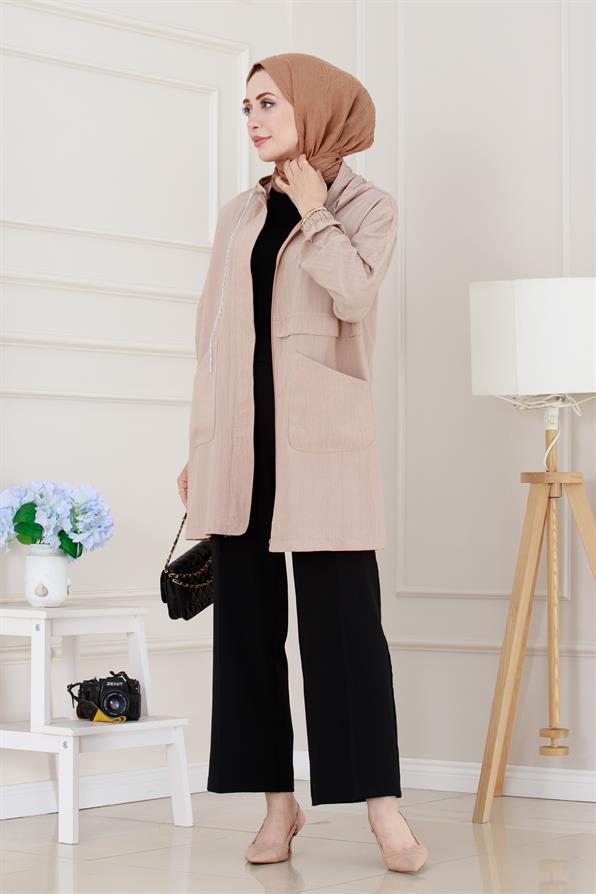 Kapüşonlu Fermuarlı zeze kap-Bej