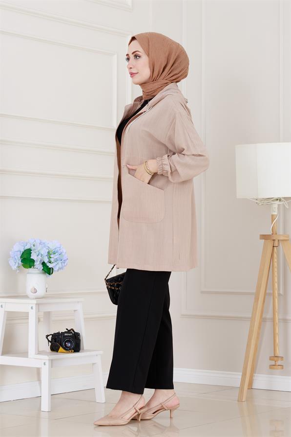 Kapüşonlu Fermuarlı zeze kap-Bej