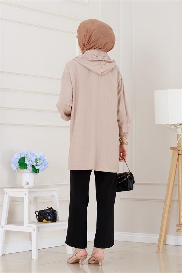 Kapüşonlu Fermuarlı zeze kap-Bej