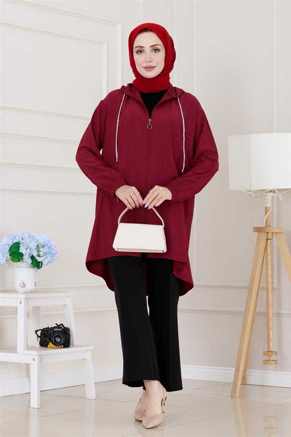 Kapüşonlu Fermuarlı zeze kap-Bordo