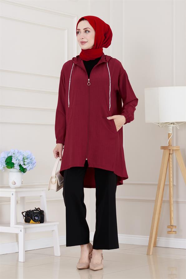 Kapüşonlu Fermuarlı zeze kap-Bordo