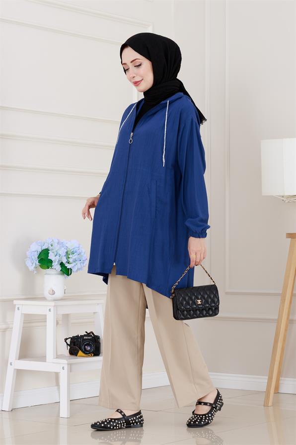 Kapüşonlu Fermuarlı zeze kap-Mavi