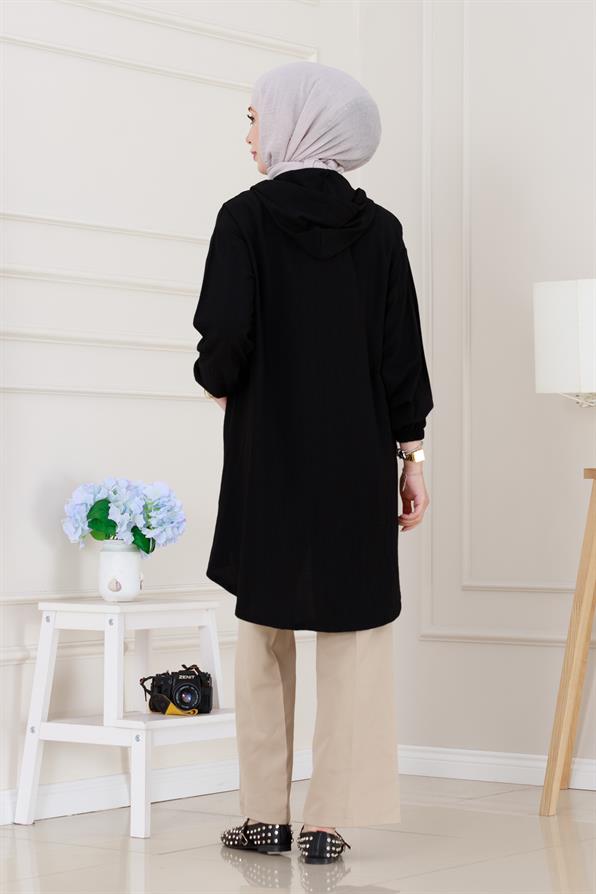 Kapüşonlu Fermuarlı zeze kap-Siyah