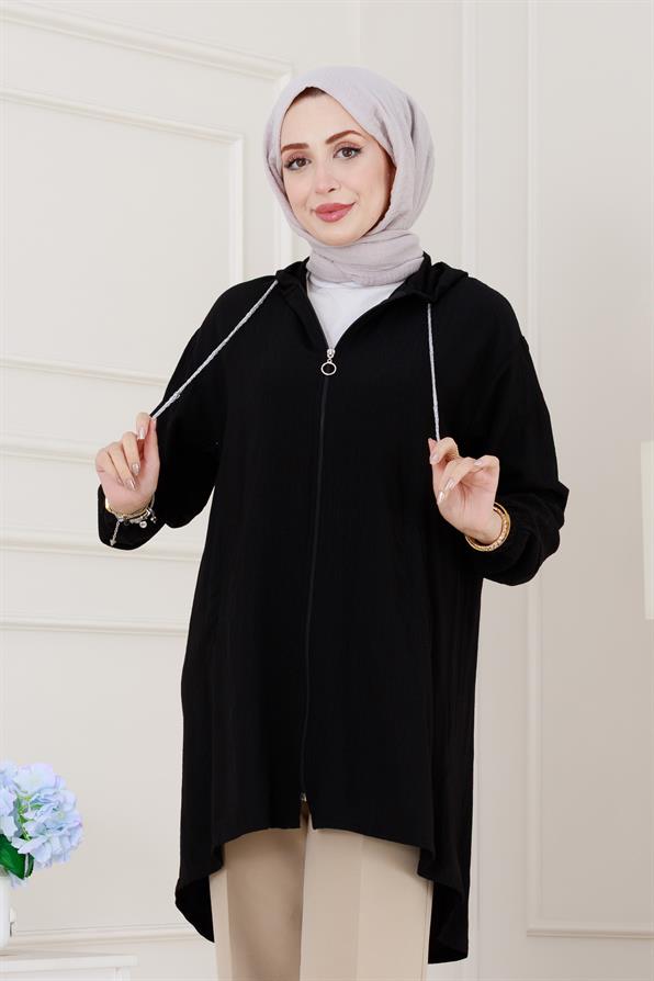 Kapüşonlu Fermuarlı zeze kap-Siyah